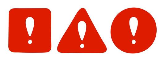 Hand drawn red warning signs with exclamation mark inside geometric shapes. Doodle style alert symbols in square, triangle, and circle. set for emergency, caution, and danger design. Isolated vector