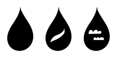 Doodle water drop, hand drawn sweat tear with leaf, cloud. illustration. Black eco liquid drop icons in a simple, minimalistic style on white background. Perfect for UI design, infographics vector