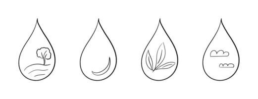 Doodle line water drop, eco hand drawn sweat tear with leaf, cloud, tree. illustration. Perfect for UI design, infographics, ecological concepts, skincare visuals, emotional expression graphics vector