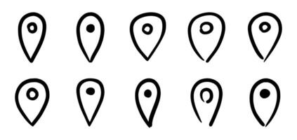 Hand Drawn Map Location Pin set. Doodle Style Navigation Point Icons. Perfect for maps, travel blogs, mobile apps, navigation interfaces, posters, infographics, creative design projects. vector