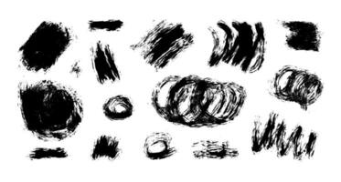 Black grunge charcoal strokes, lines, squiggle, swirls and shapes set. hand drawn abstract shapes and lines drawn with pencil or charcoal. Circles, scribbles and smears on white background vector