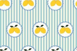 Mediterranean seamless lemon fruit pattern with stripes and decorative blue circle frame. Mediterranean design for kitchen textiles, wallpaper, wrapping, cover, background. vector