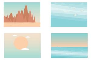 Set of minimal summer landscape illustrations with sea and desert views vector