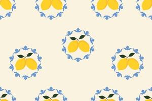Mediterranean lemon fruit pattern with floral blue circle on cream background. Mediterranean design for kitchen textiles, wallpaper, wrapping, cover, background. vector