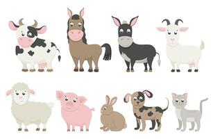 Set of farm animals on white background. Cow, horse, donkey, sheep, goat, pig, rabbit, dog and cat. illustration in flat cartoon style. vector