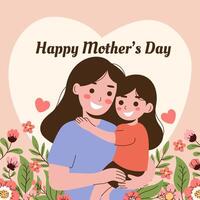 Mother and daughter with flowers and heart on pink background for mother's day vector