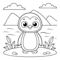 Adorable Penguin Coloring Page Arctic Scene with Mountains and Snow vector