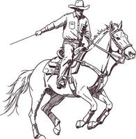 Western cowboy riding a galloping horse in a high speed rodeo competition hand drawn black and white sketch showcasing wild west action rustic tradition and vintage equestrian culture vector