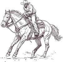Hand drawn western cowboy sprinting on horse in traditional rodeo event vintage black and white illustration dynamic wild west action perfect for rustic themed art and design projects vector