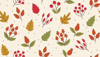 Seamless autumn pattern with leaves and branches with berries. Cute fall cover, wrapping paper, textile and more. vector