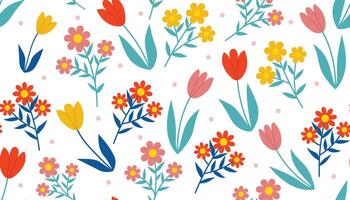 Beautiful seamless floral pattern with Tulips and other flowers. Spring girlish wrapping paper with flowers and dots in cartoon flat style. vector
