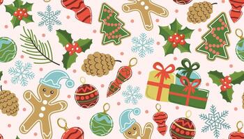Christmas pattern with gingerbread man and holly berry, snowflakes and gifts on a light background. Winter holidays seamless background perfect for use in packaging vector