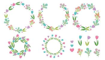Round frames with spring flowers. Tulip wreaths, round borders and flowers collection. vector