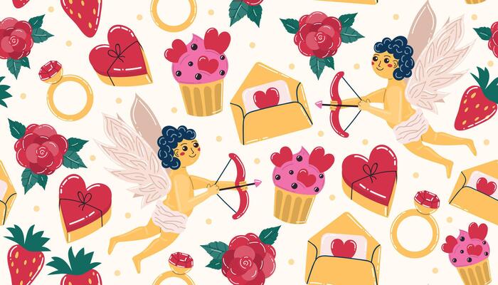Cute Valentines seamless pattern with Cupid and heart candy box, envelope, cakes and rose flowers, dots. Happy Valentine's Day wrapping paper in flat style, love, engagement or wedding print.