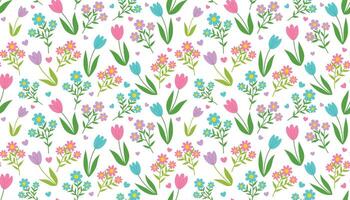 Colorful Spring seamless pattern with Tulips and other flowers. Spring wrapping paper with flowers and ditsy hearts in cartoon flat style. vector