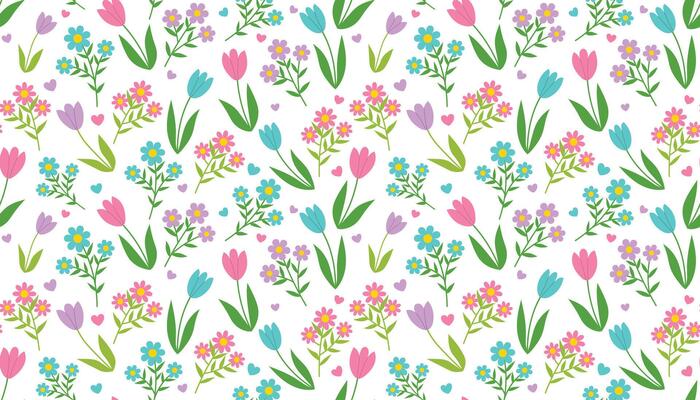 Colorful Spring seamless pattern with Tulips and other flowers. Spring wrapping paper with flowers and ditsy hearts in cartoon flat style.