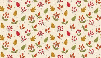 Autumn seamless pattern with leaves and branches with berries in flat style. Cute fall cover, wrapping paper, textile and more. vector