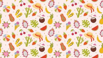 Cute summer vacation seamless pattern with tropical fruits and cactus, ice cream and more. Colorful summer holidays background in flat style. vector