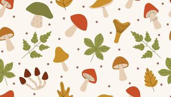 Autumn seamless pattern with mushrooms, leaves and dots on beige background. Cute fall design in flat style for fabric, textile, surface, web and print design, packaging. vector
