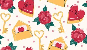 Cute Valentines seamless pattern with heart candy box and envelope, heart shaped key and roses, dots. Happy Valentine's Day wrapping paper in flat style vector