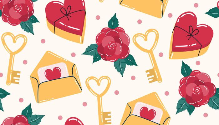 Cute Valentines seamless pattern with heart candy box and envelope, heart shaped key and roses, dots. Happy Valentine's Day wrapping paper in flat style