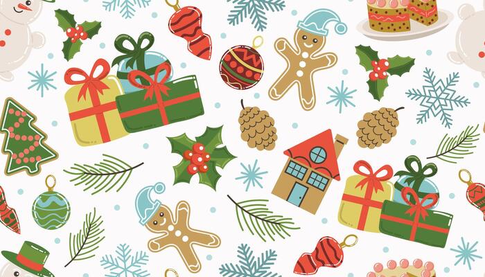 Christmas pattern with gingerbread man, toys and holly berry, snowflakes and gifts on a light background. Seamless background perfect for use in packaging, wallpapers, and festive decorations.