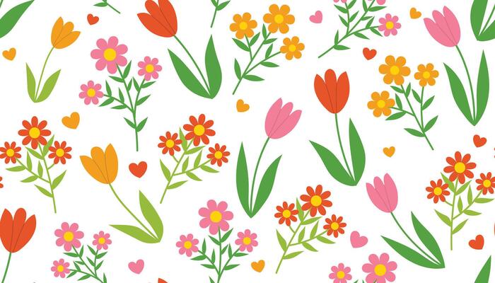 Colorful seamless floral pattern with Tulips and other flowers. Spring girlish wrapping paper with flowers and ditsy hearts in cartoon flat style.
