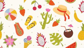 Summer vacation seamless pattern with tropical fruits and cactus, ice cream, hat and more. Colorful summer holidays background in flat style. vector