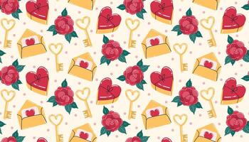 Cute Valentines seamless pattern with heart candy box and envelope, heart shaped key and rose flowers, dots. Happy Valentine's Day vector