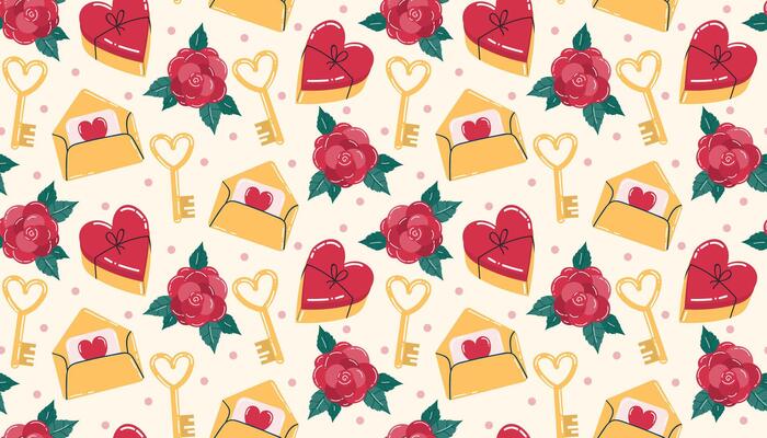 Cute Valentines seamless pattern with heart candy box and envelope, heart shaped key and rose flowers, dots. Happy Valentine's Day
