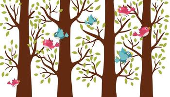 Spring trees standing in a row with young foliage and birds. Forest scene with birds flying between the trees. vector