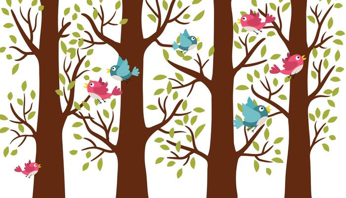Spring trees standing in a row with young foliage and birds. Forest scene with birds flying between the trees.