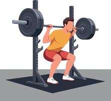 Man performing barbell squat exercise for strength training in gym illustration vector