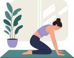 Woman practicing yoga pose on mat in home exercise room with plant and window vector