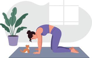 Woman practicing yoga with cat on mat in indoor setting with plant and window vector