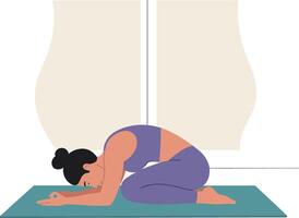 Woman practicing child pose yoga exercise on mat indoors for relaxation and stretching vector