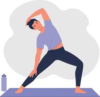 Man stretching on yoga mat in home exercise routine with water bottle illustration vector