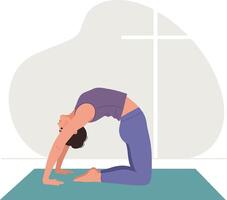 Woman practicing camel yoga pose on mat with cross symbol background illustration vector