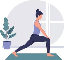Woman practicing yoga indoors on mat with plant near window in calm setting vector