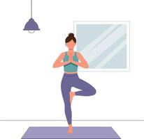 Woman practicing yoga tree pose indoors on purple mat with modern lamp and window vector