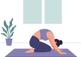 Woman practicing childs pose yoga exercise in minimal indoor setting with plant and window vector
