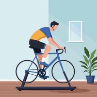 Man Training on Indoor Bicycle Trainer in Modern Room with Plant and Window vector