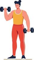 Young man exercising with dumbbells in red pants and yellow tank top illustration vector