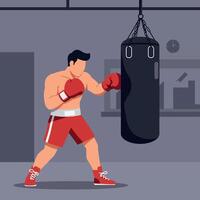 Boxer Training with Punching Bag in Gym Wearing Red Gloves and Shorts vector
