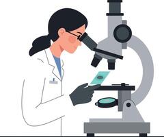 Female scientist examining slide under microscope in laboratory illustration vector