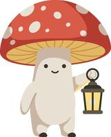 Cute mushroom character holding lantern with red and white spotted cap illustration vector