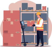 Warehouse worker handling packages with pallet jack in storage facility illustration vector