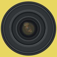 Camera lens close-up illustration with yellow background and black circular design vector