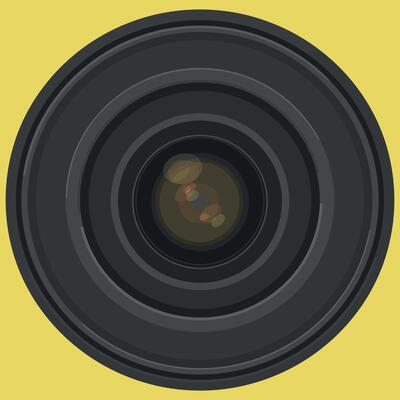 Camera lens close-up illustration with yellow background and black circular design
