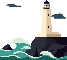 Lighthouse on Rocky Coast with Waves and Clouds Illustration in Calm Scene vector